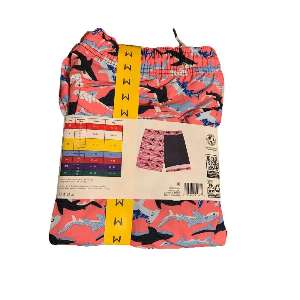 NWT Members Mark Mens Size Medium Pink Swim Trunks Built In Liner UPF 50 Sharks